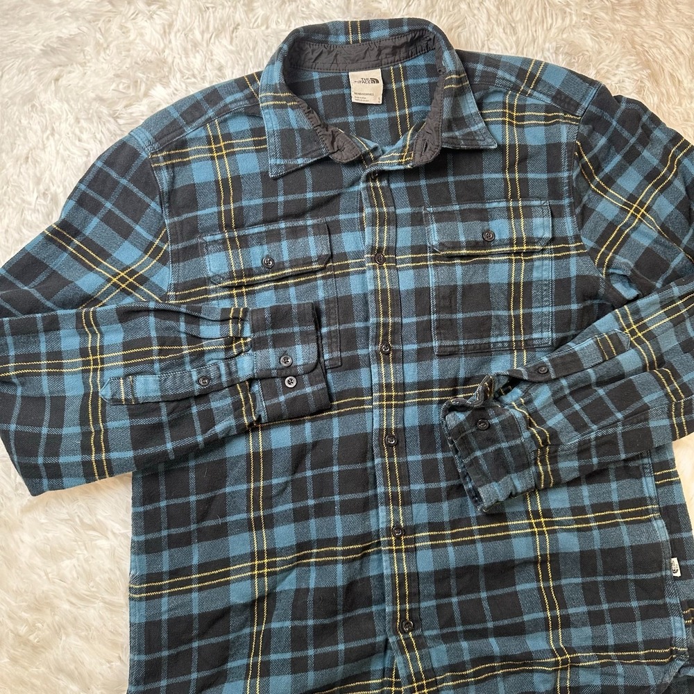 The North Face Arroyo Flannel Shirt Men's Large Blue Plaid Button Front Outdoor